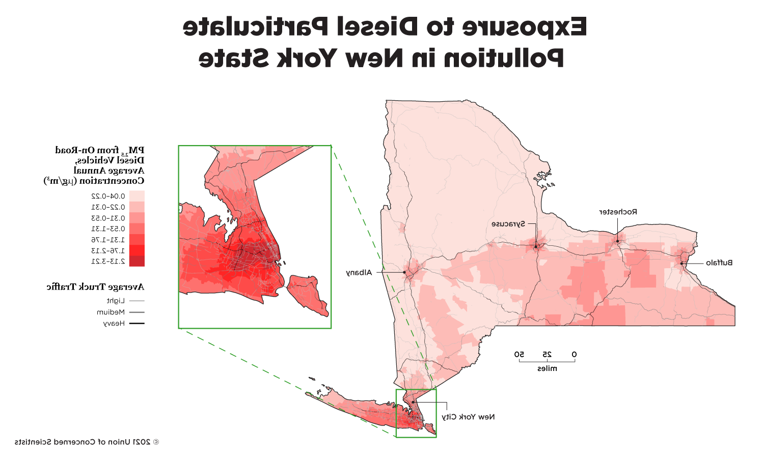 map of NY state showing exposure to diesel particulate pollution 