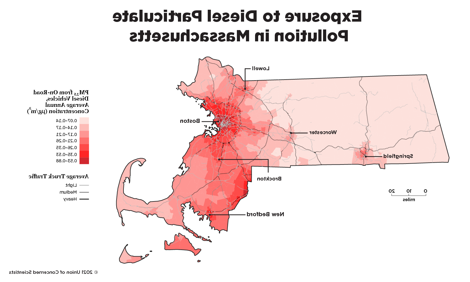 map of Massachusetts showing exposure to diesel particulate pollution 