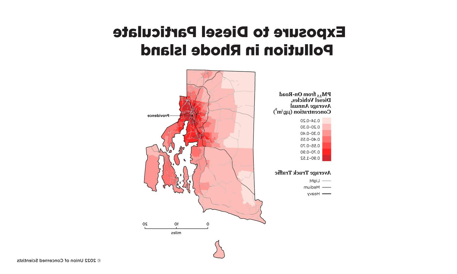 map of Rhode Island showing exposure to diesel particulate pollution 