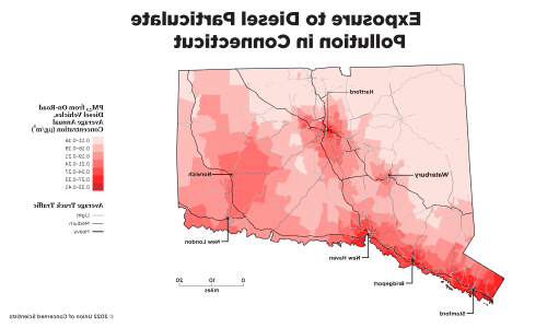 map of Connecticut showing exposure to diesel particulate pollution 