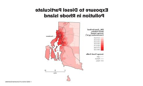 map of Rhode Island showing exposure to diesel particulate pollution 